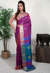 Magenta Blended Silk Handloom Saree With Blouse Piece - Adi Akshoy & Co.