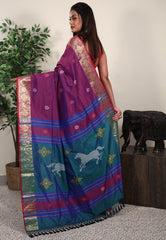 Magenta Blended Silk Handloom Saree With Blouse Piece - Adi Akshoy & Co.
