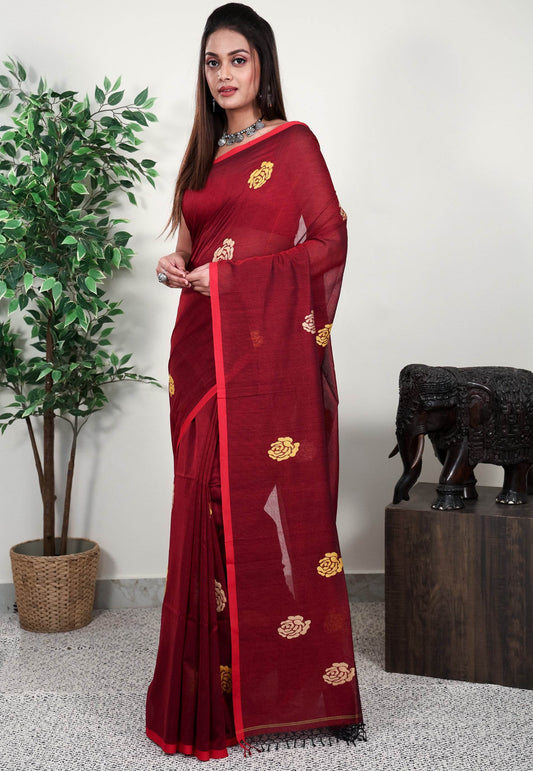 Maroon Handloom Saree With Blouse Piece - Adi Akshoy & Co.