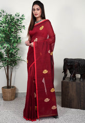Maroon Handloom Saree With Blouse Piece - Adi Akshoy & Co.