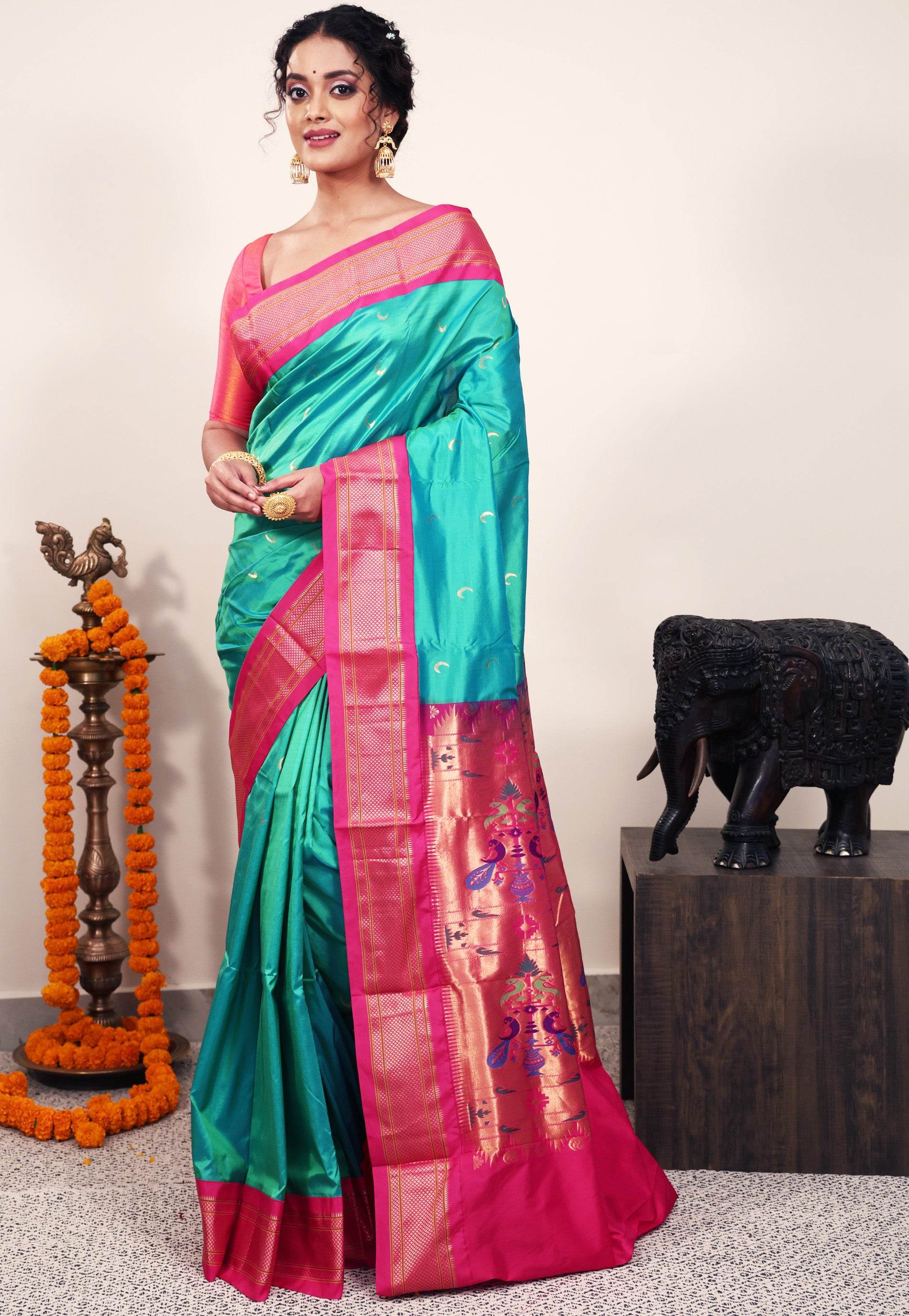 Cross Sea Green with Rani Pink Border Paithani Silk Saree With Blouse Piece - Adi Akshoy & Co.