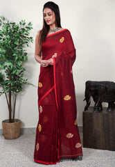 Maroon Handloom Saree With Blouse Piece - Adi Akshoy & Co.