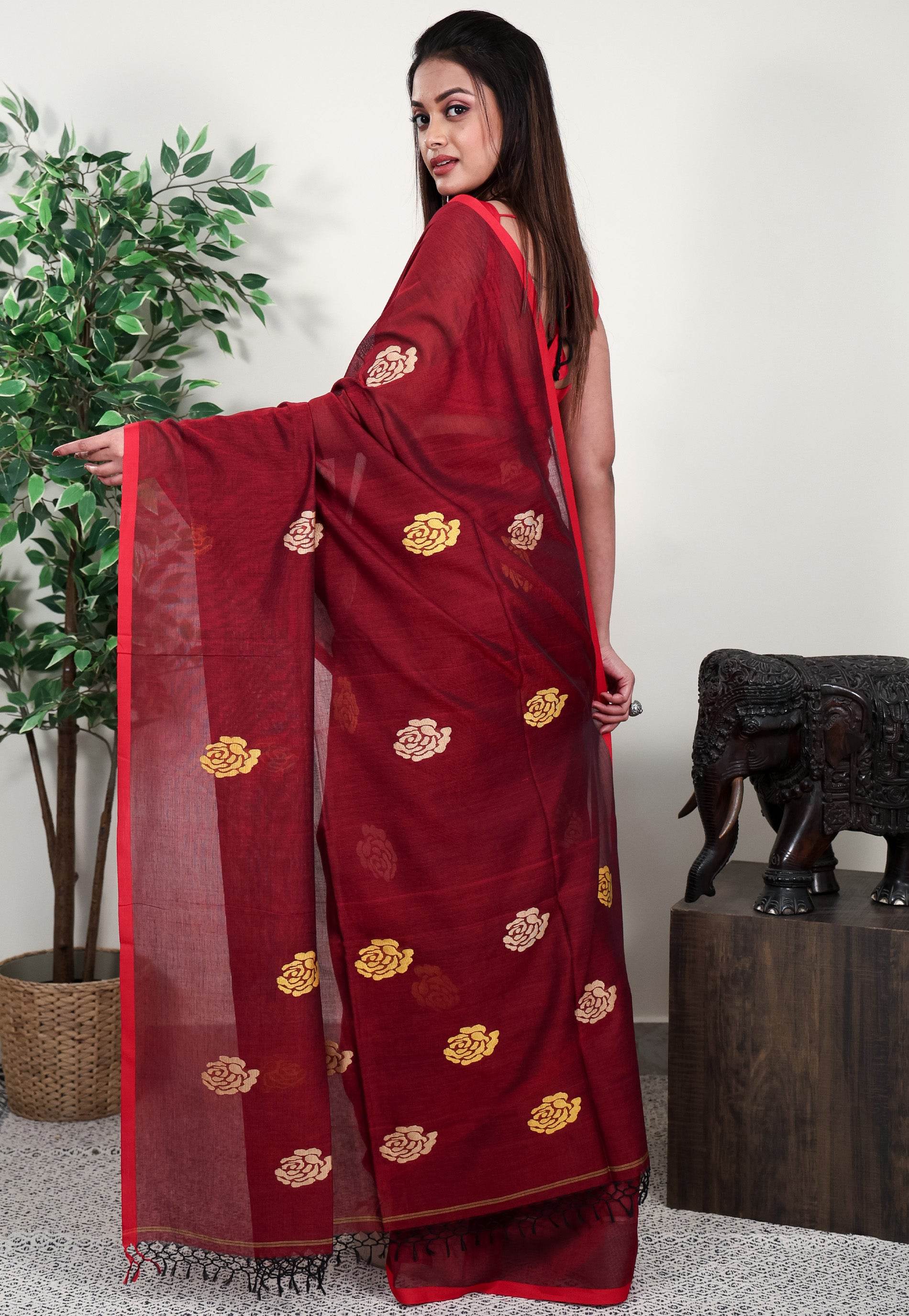 Maroon Handloom Saree With Blouse Piece - Adi Akshoy & Co.