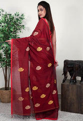 Maroon Handloom Saree With Blouse Piece - Adi Akshoy & Co.