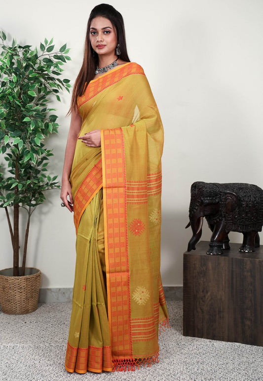 Cross Mustard Handloom Saree With Blouse Piece - Adi Akshoy & Co.