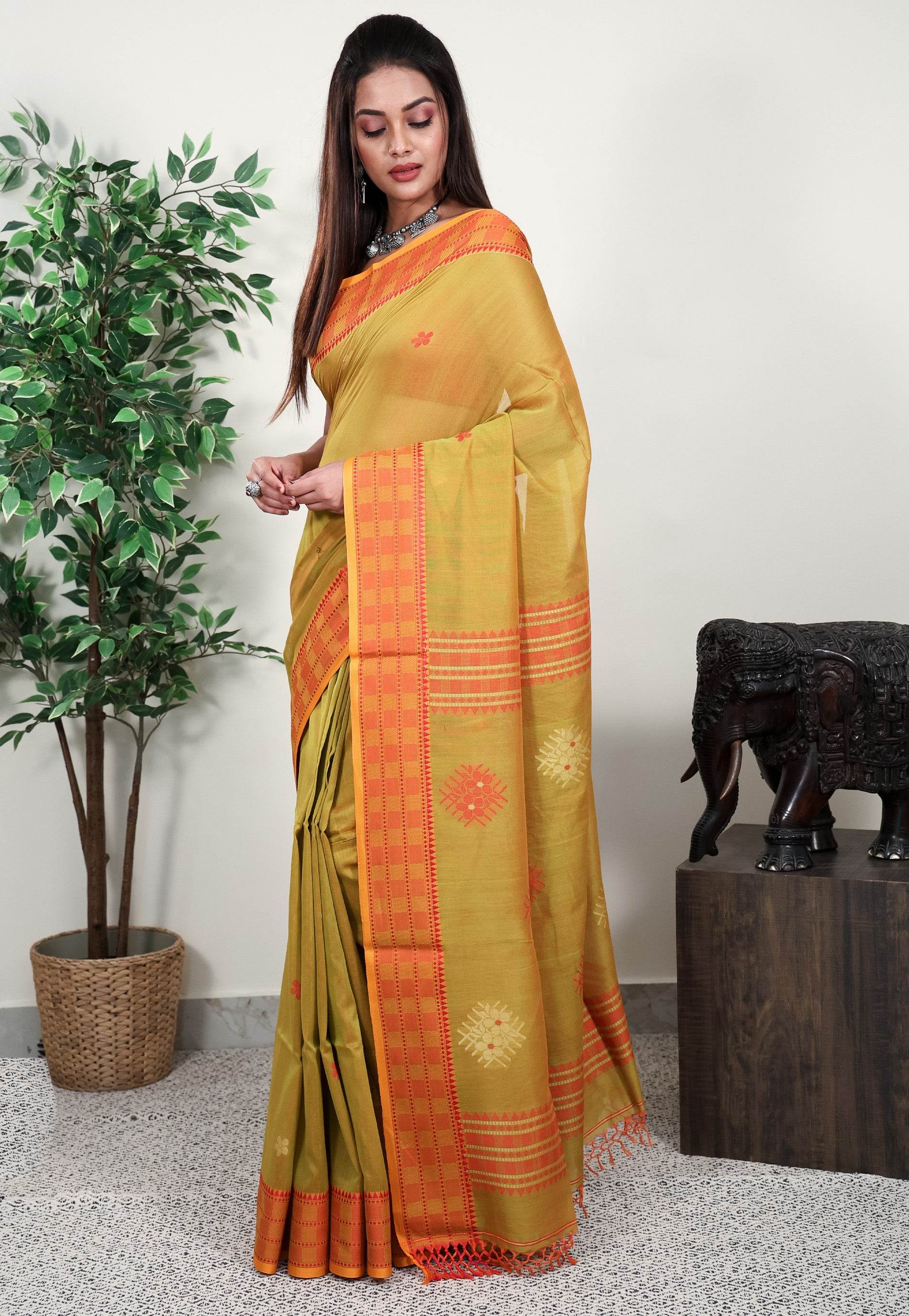 Cross Mustard Handloom Saree With Blouse Piece - Adi Akshoy & Co.