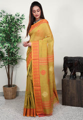 Cross Mustard Handloom Saree With Blouse Piece - Adi Akshoy & Co.