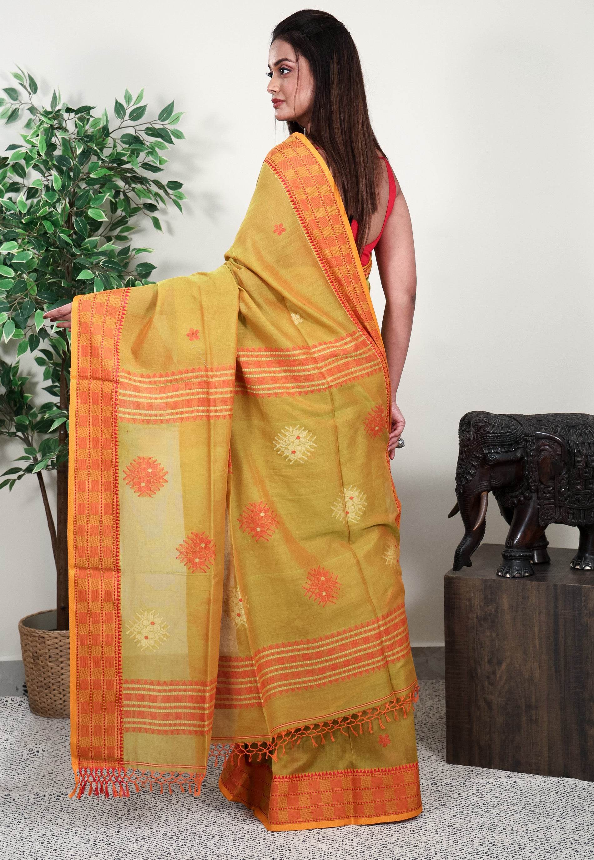 Cross Mustard Handloom Saree With Blouse Piece - Adi Akshoy & Co.