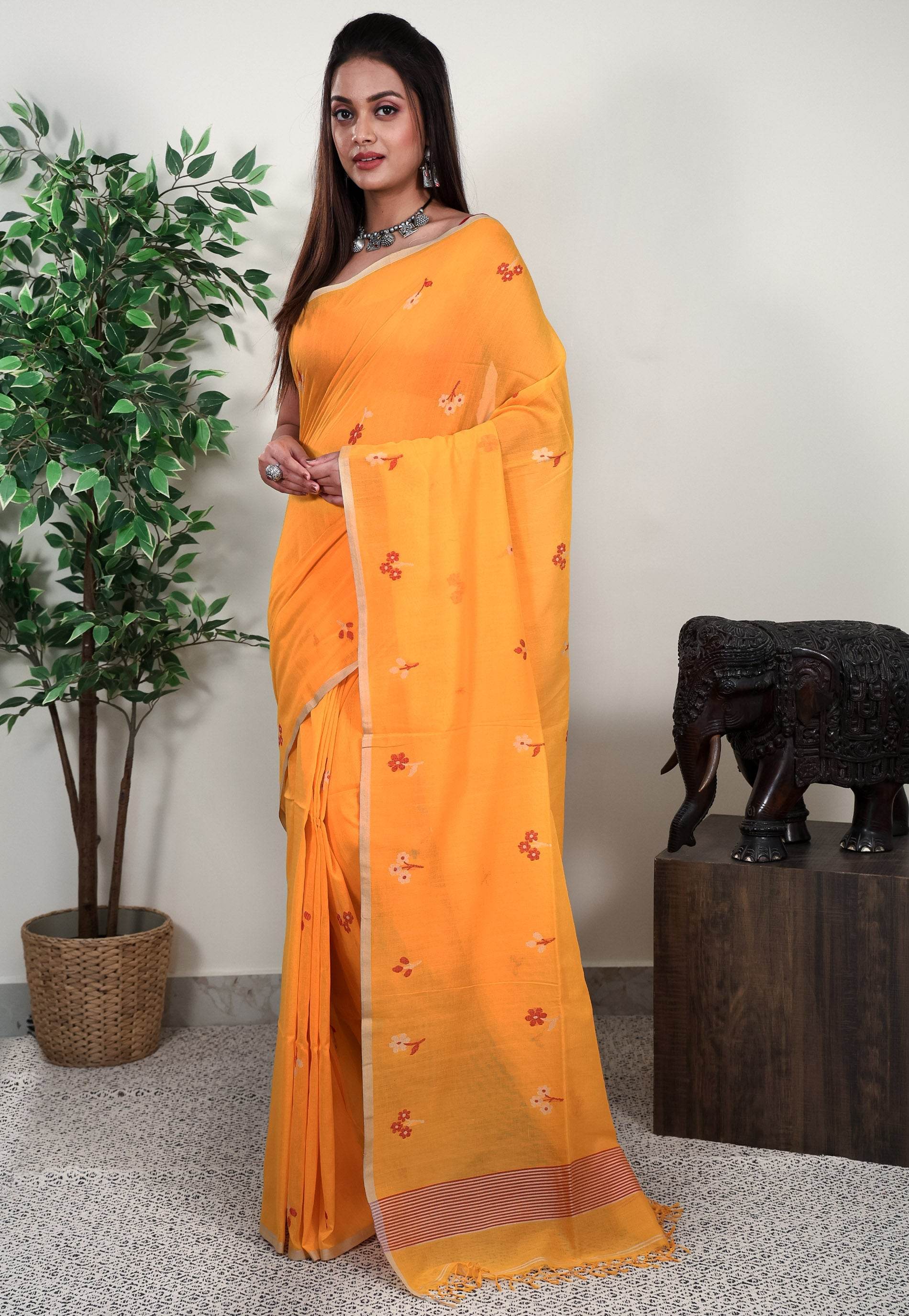 Yellow Handloom Saree With Blouse Piece - Adi Akshoy & Co.