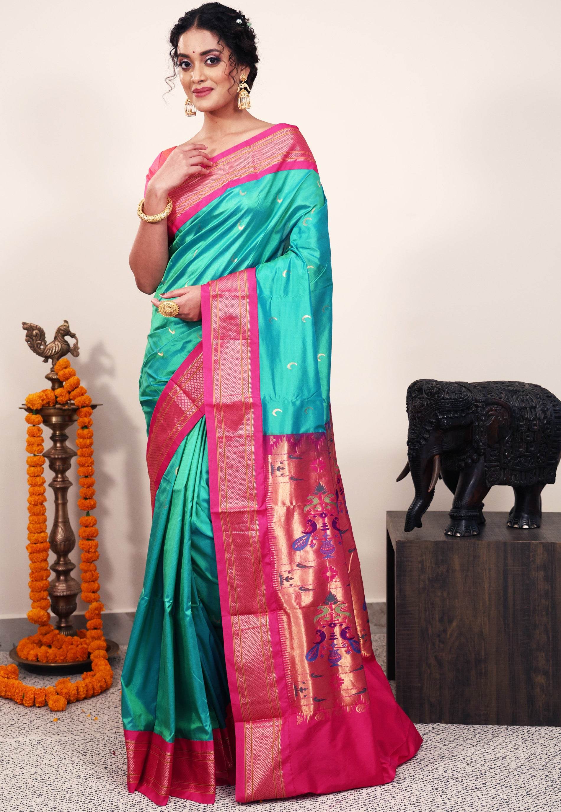 Cross Sea Green with Rani Pink Border Paithani Silk Saree With Blouse Piece - Adi Akshoy & Co.