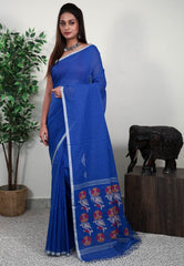 Royal Blue Handloom Saree With Blouse Piece - Adi Akshoy & Co.