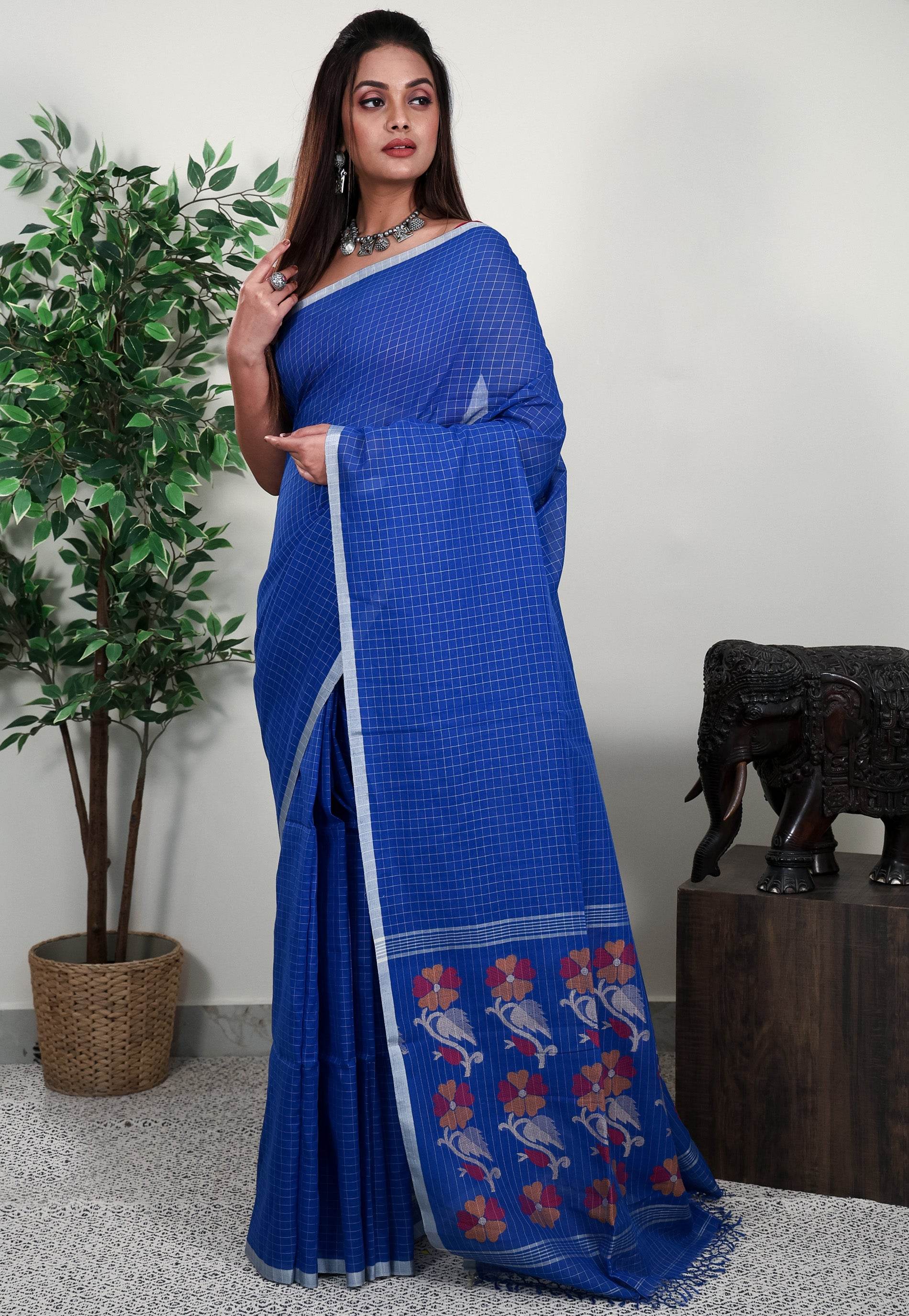 Royal Blue Handloom Saree With Blouse Piece - Adi Akshoy & Co.
