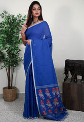 Royal Blue Handloom Saree With Blouse Piece - Adi Akshoy & Co.
