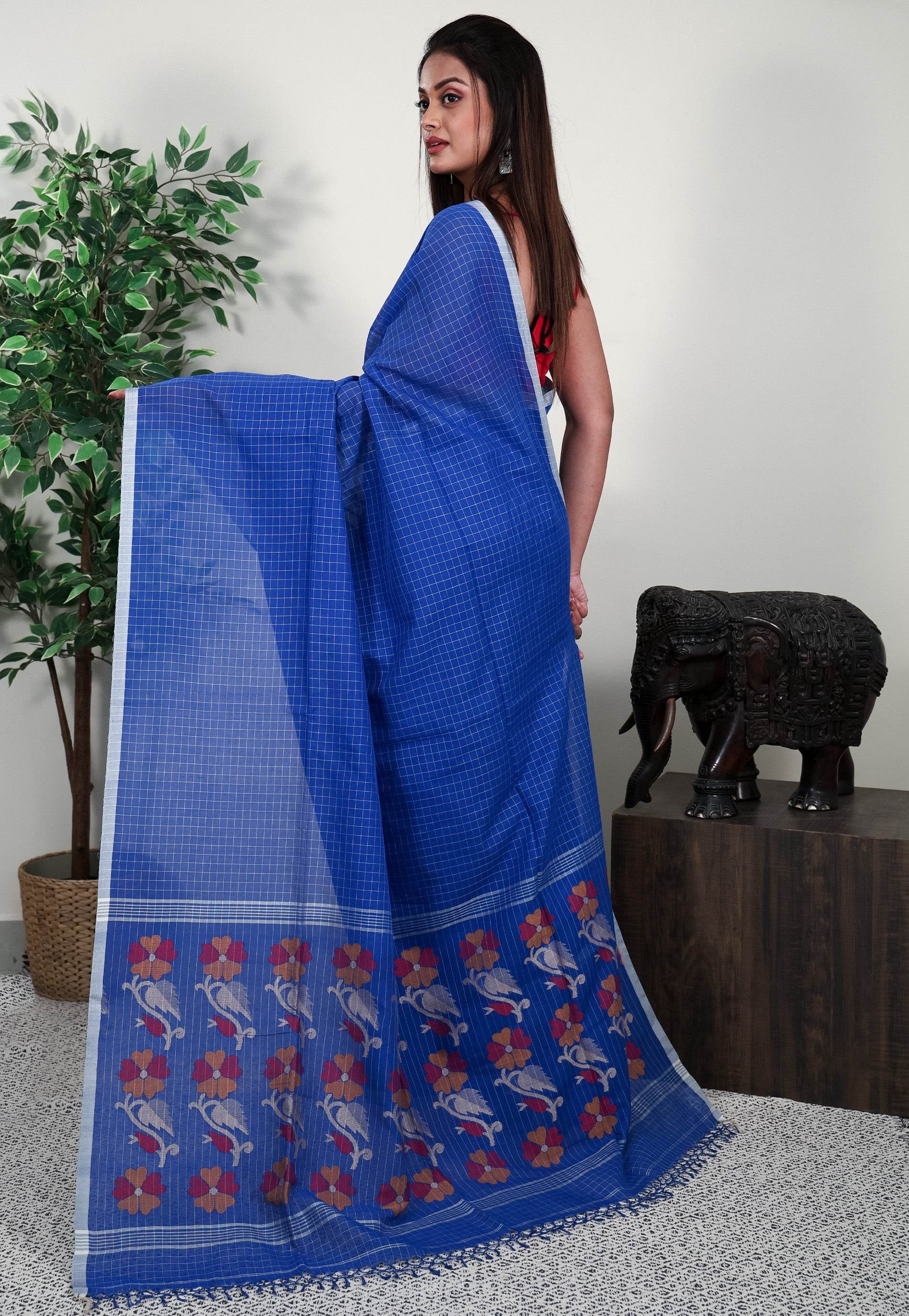 Royal Blue Handloom Saree With Blouse Piece - Adi Akshoy & Co.