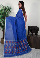 Royal Blue Handloom Saree With Blouse Piece - Adi Akshoy & Co.