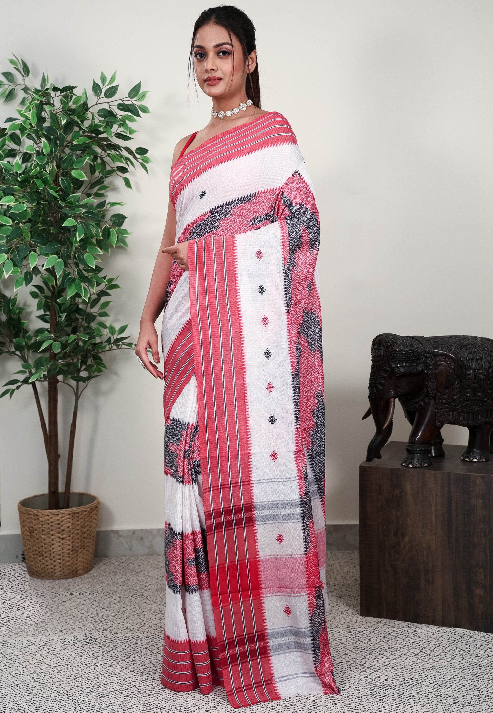 White Base Handloom Saree Without Blouse Piece - Adi Akshoy & Co.