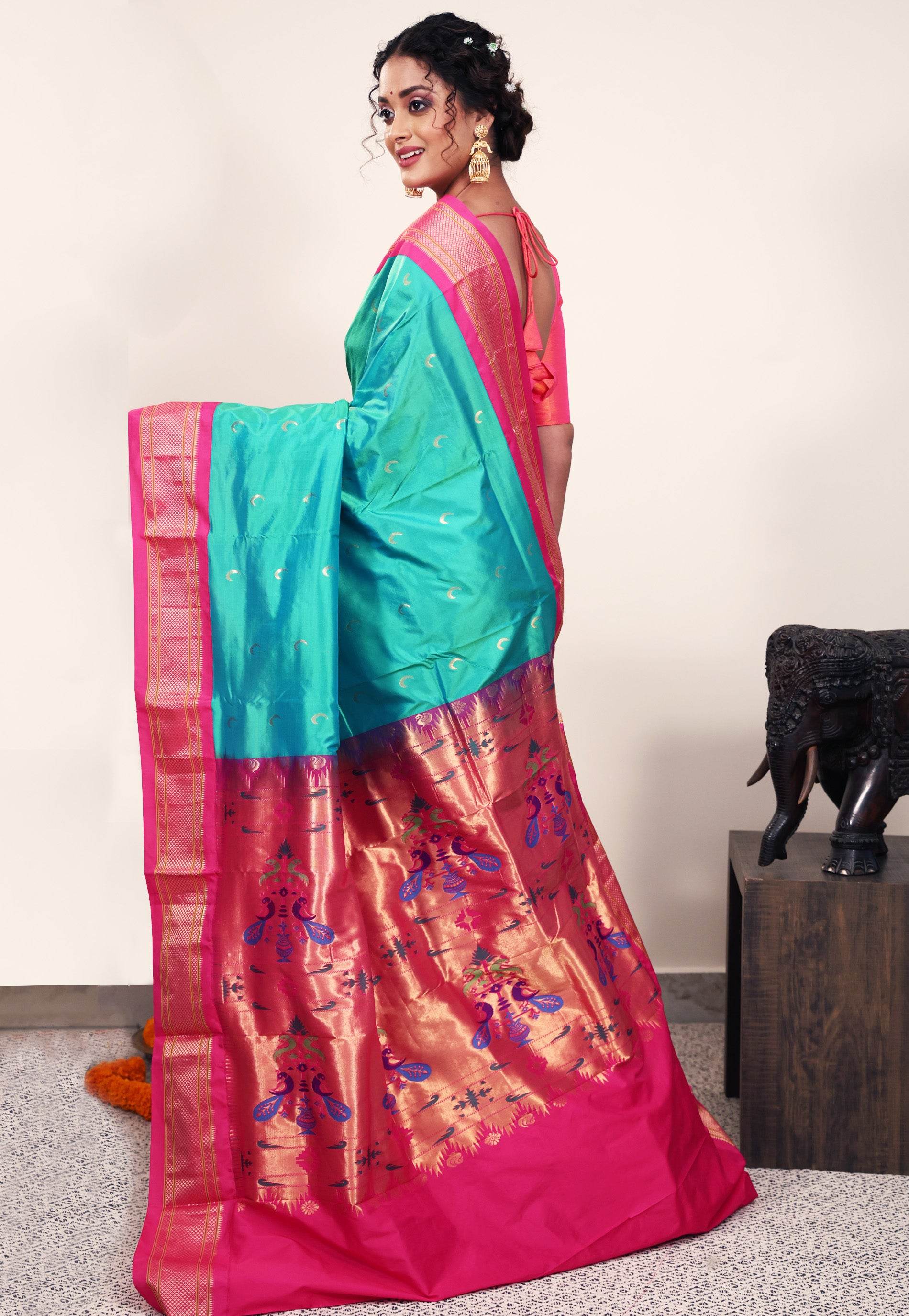 Cross Sea Green with Rani Pink Border Paithani Silk Saree With Blouse Piece - Adi Akshoy & Co.
