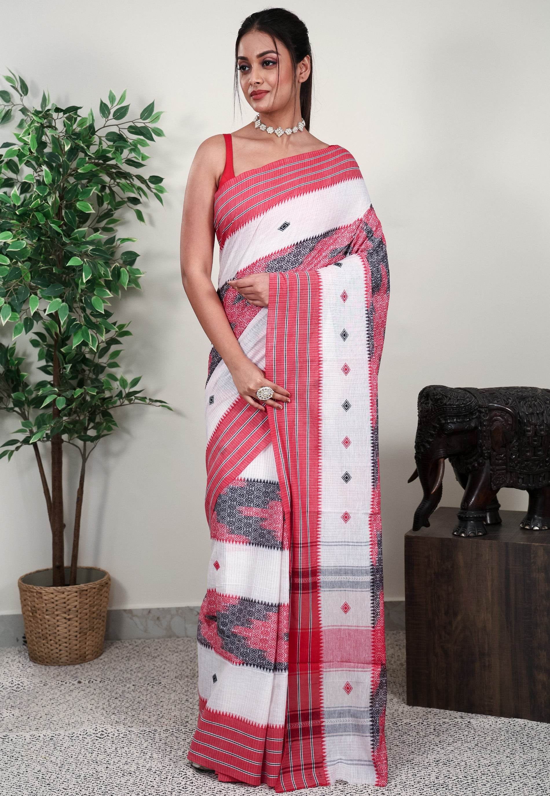 White Base Handloom Saree Without Blouse Piece - Adi Akshoy & Co.