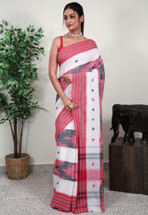 White Base Handloom Saree Without Blouse Piece - Adi Akshoy & Co.