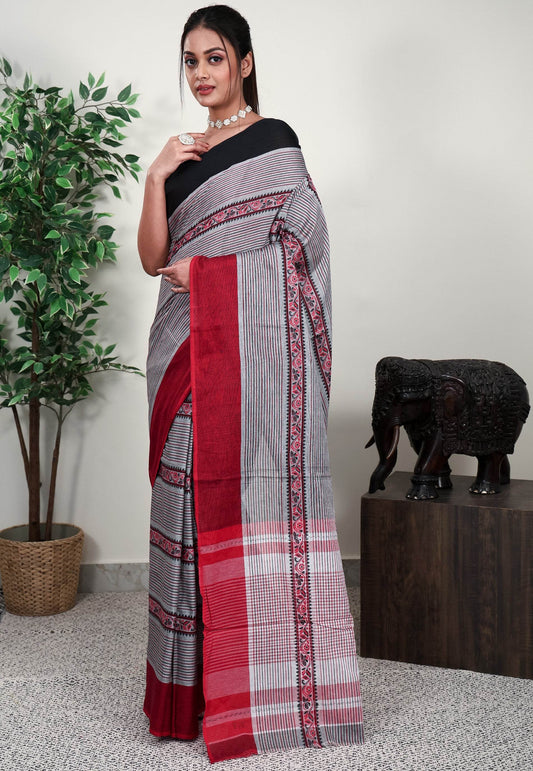 Grey Handloom Saree Without Blouse Piece - Adi Akshoy & Co.