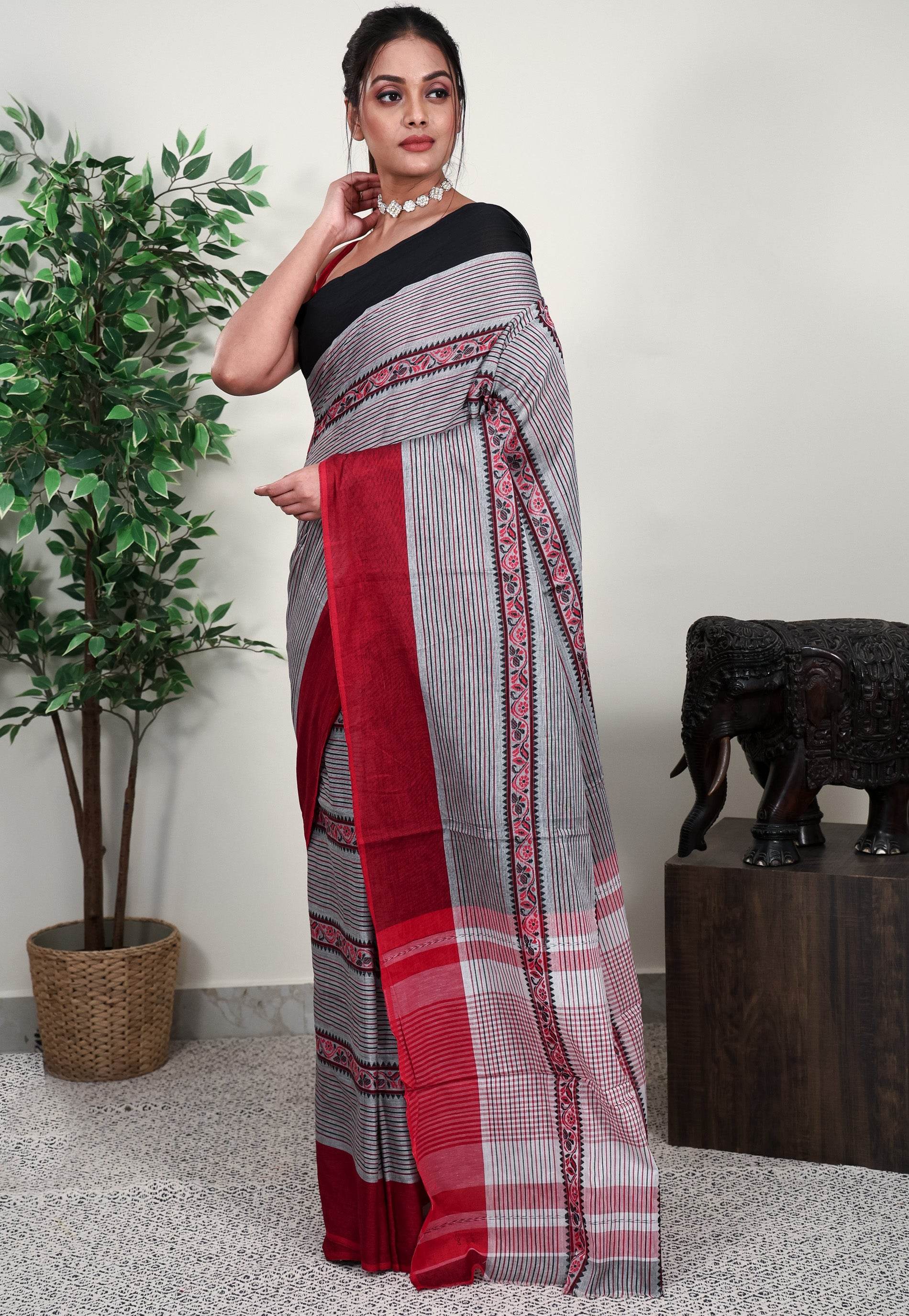 Grey Handloom Saree Without Blouse Piece - Adi Akshoy & Co.
