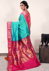 Cross Sea Green with Rani Pink Border Paithani Silk Saree With Blouse Piece - Adi Akshoy & Co.