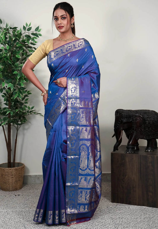 Dual shades of Blue and Magenta Baluchari Silk Saree with Blouse Piece - Adi Akshoy & Co.