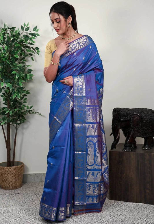 Dual shades of Blue and Magenta Baluchari Silk Saree with Blouse Piece - Adi Akshoy & Co.