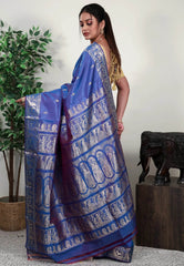 Dual shades of Blue and Magenta Baluchari Silk Saree with Blouse Piece - Adi Akshoy & Co.