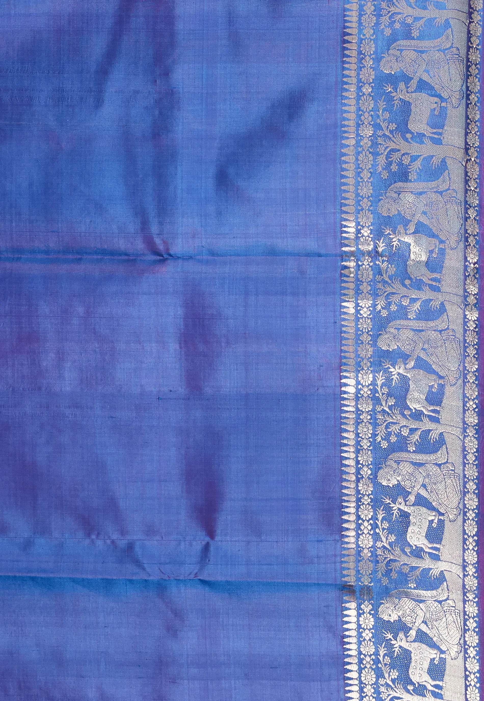 Dual shades of Blue and Magenta Baluchari Silk Saree with Blouse Piece - Adi Akshoy & Co.
