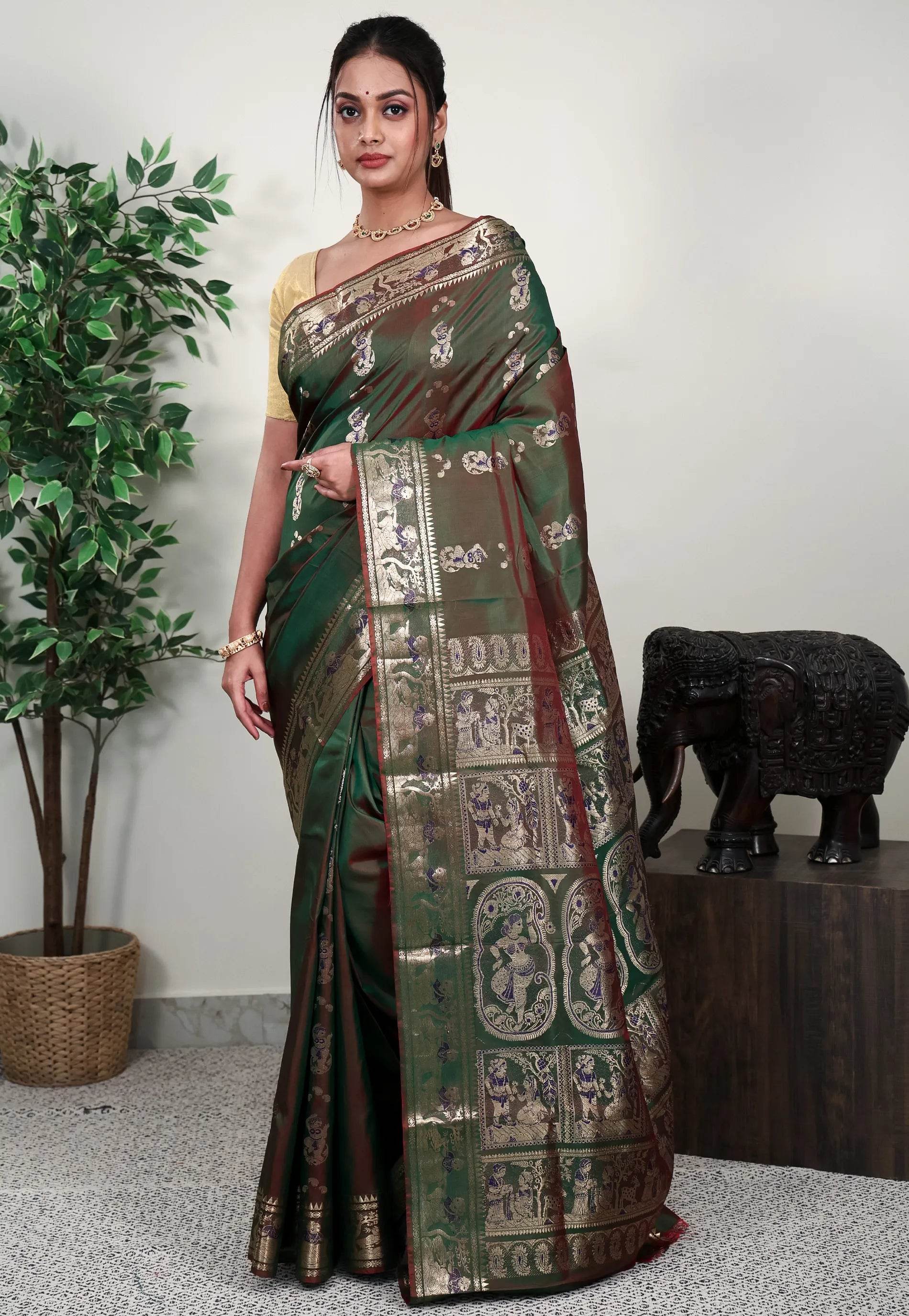 Cross Green Baluchari Silk Saree with Blouse Piece - Adi Akshoy & Co.