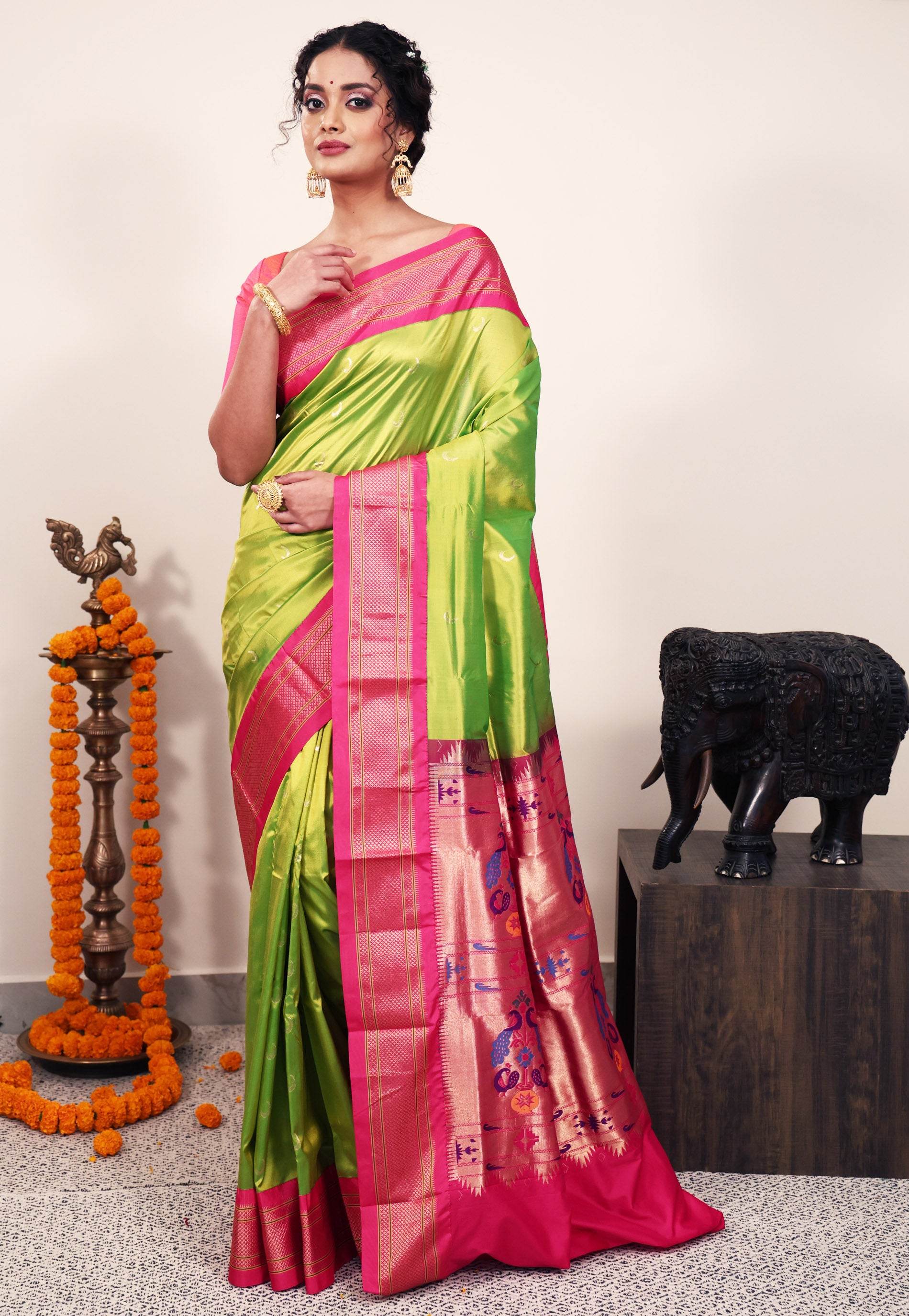 Parrot Green with Rani Pink Border Paithani Silk Saree With Blouse Piece - Adi Akshoy & Co.