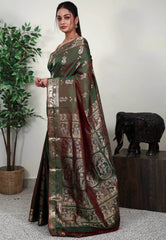 Cross Green Baluchari Silk Saree with Blouse Piece - Adi Akshoy & Co.