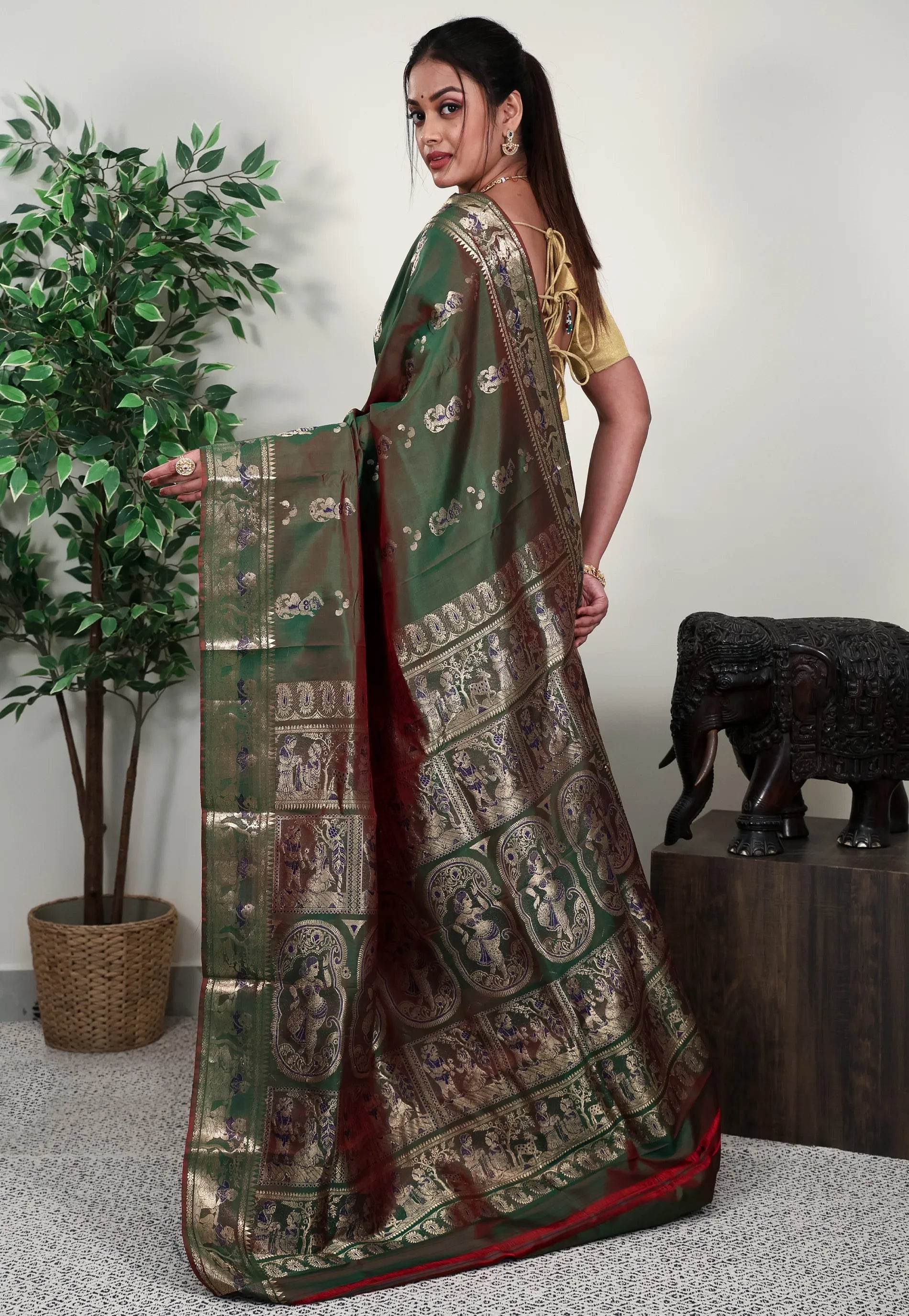 Cross Green Baluchari Silk Saree with Blouse Piece - Adi Akshoy & Co.