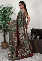 Cross Green Baluchari Silk Saree with Blouse Piece - Adi Akshoy & Co.