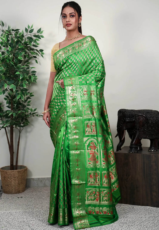 Parrot Green Brocade Baluchari Silk Saree with Blouse Piece - Adi Akshoy & Co.