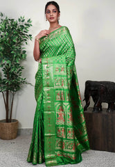 Parrot Green Brocade Baluchari Silk Saree with Blouse Piece - Adi Akshoy & Co.