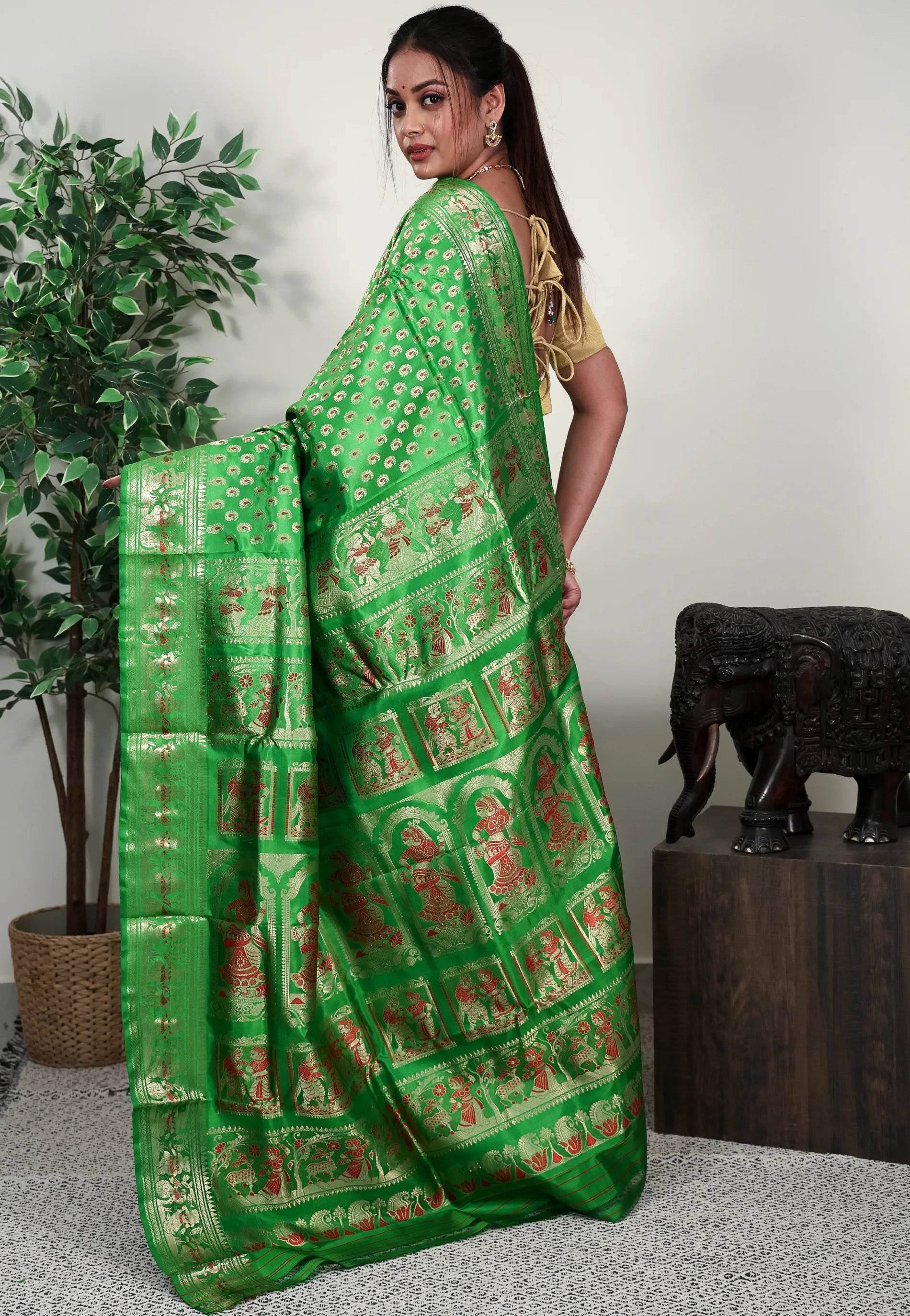 Parrot Green Brocade Baluchari Silk Saree with Blouse Piece - Adi Akshoy & Co.