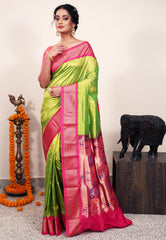 Parrot Green with Rani Pink Border Paithani Silk Saree With Blouse Piece - Adi Akshoy & Co.