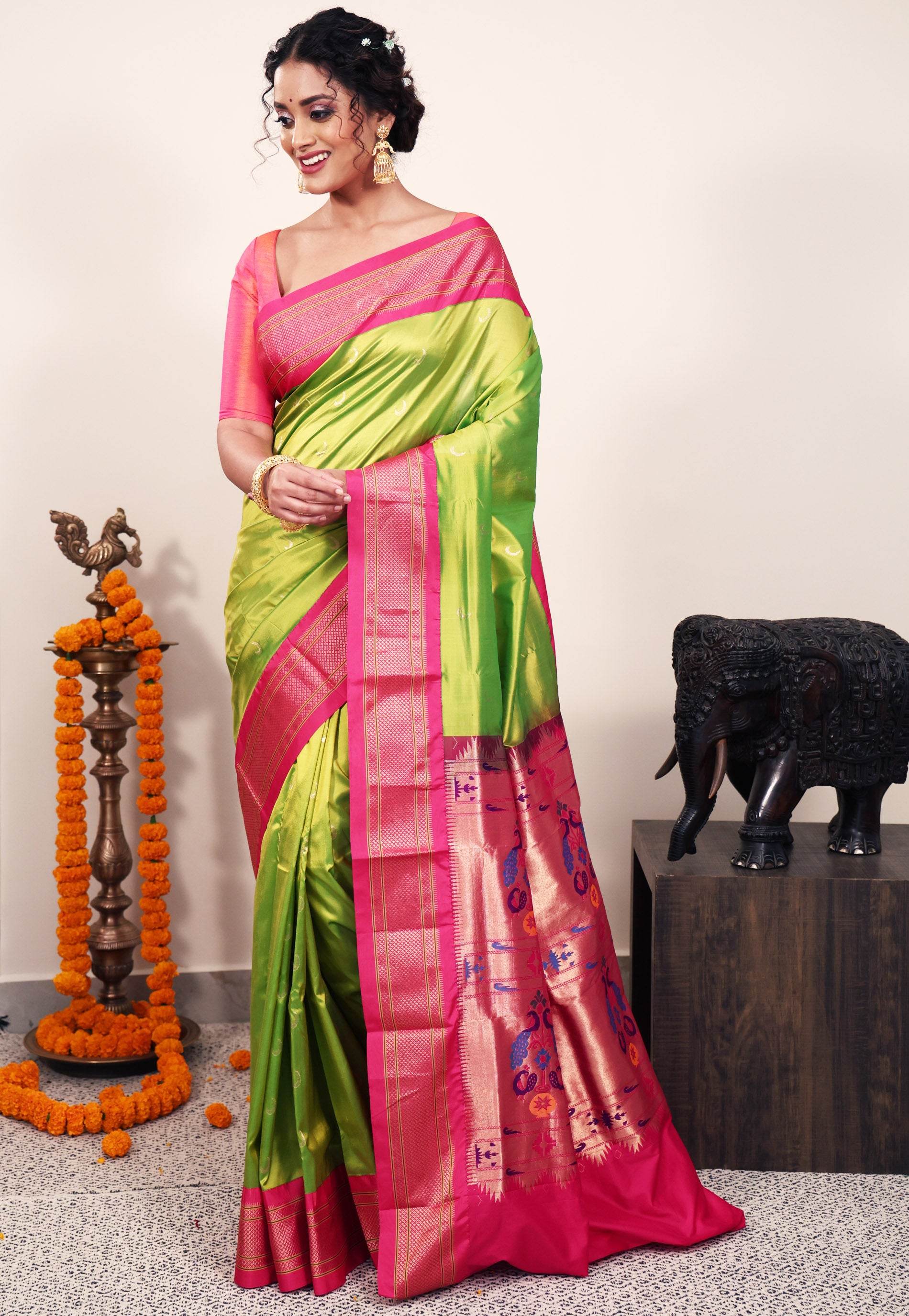 Parrot Green with Rani Pink Border Paithani Silk Saree With Blouse Piece - Adi Akshoy & Co.