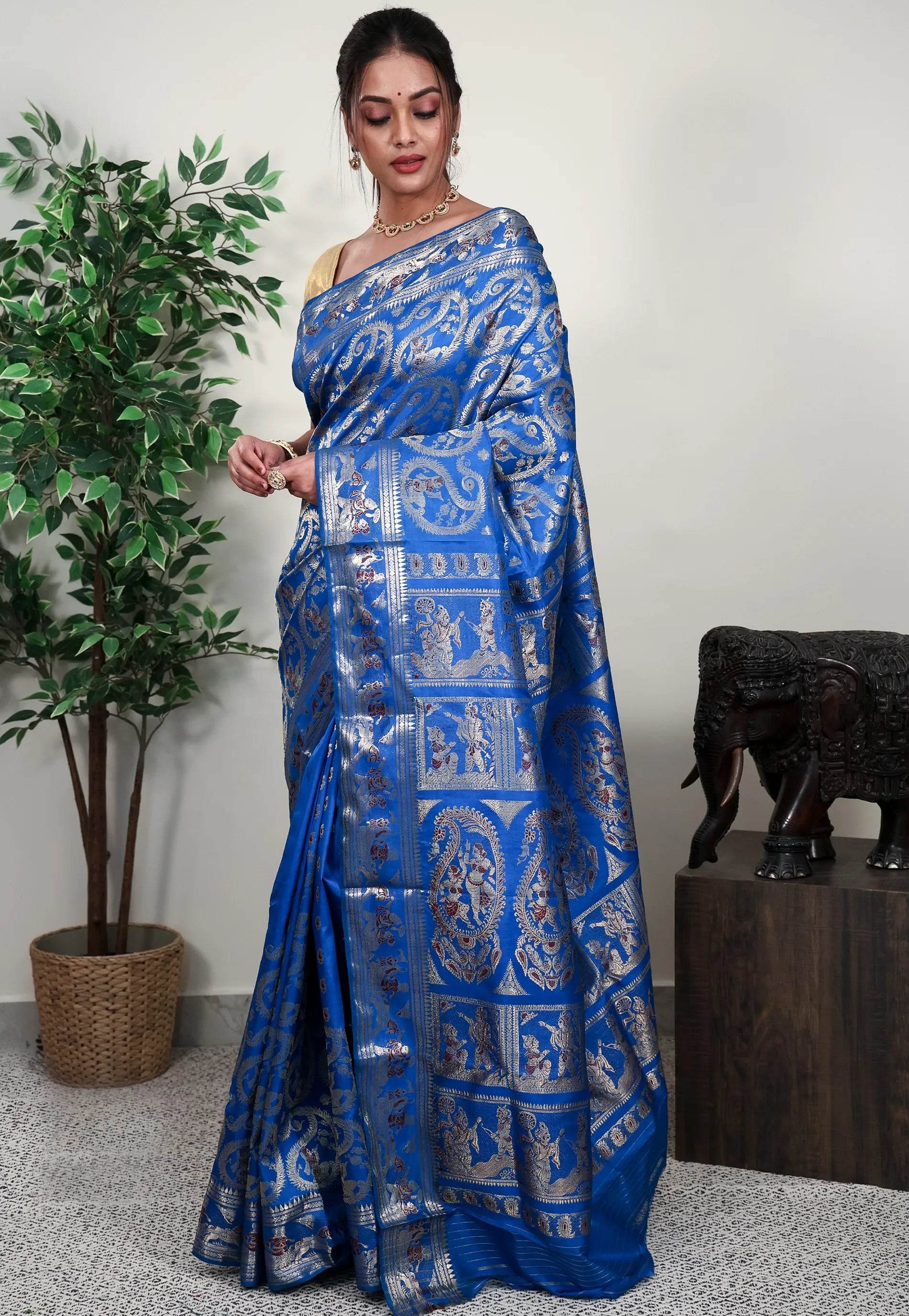 Feroza Blue Brocade Baluchari Silk Saree with Blouse Piece - Adi Akshoy & Co.