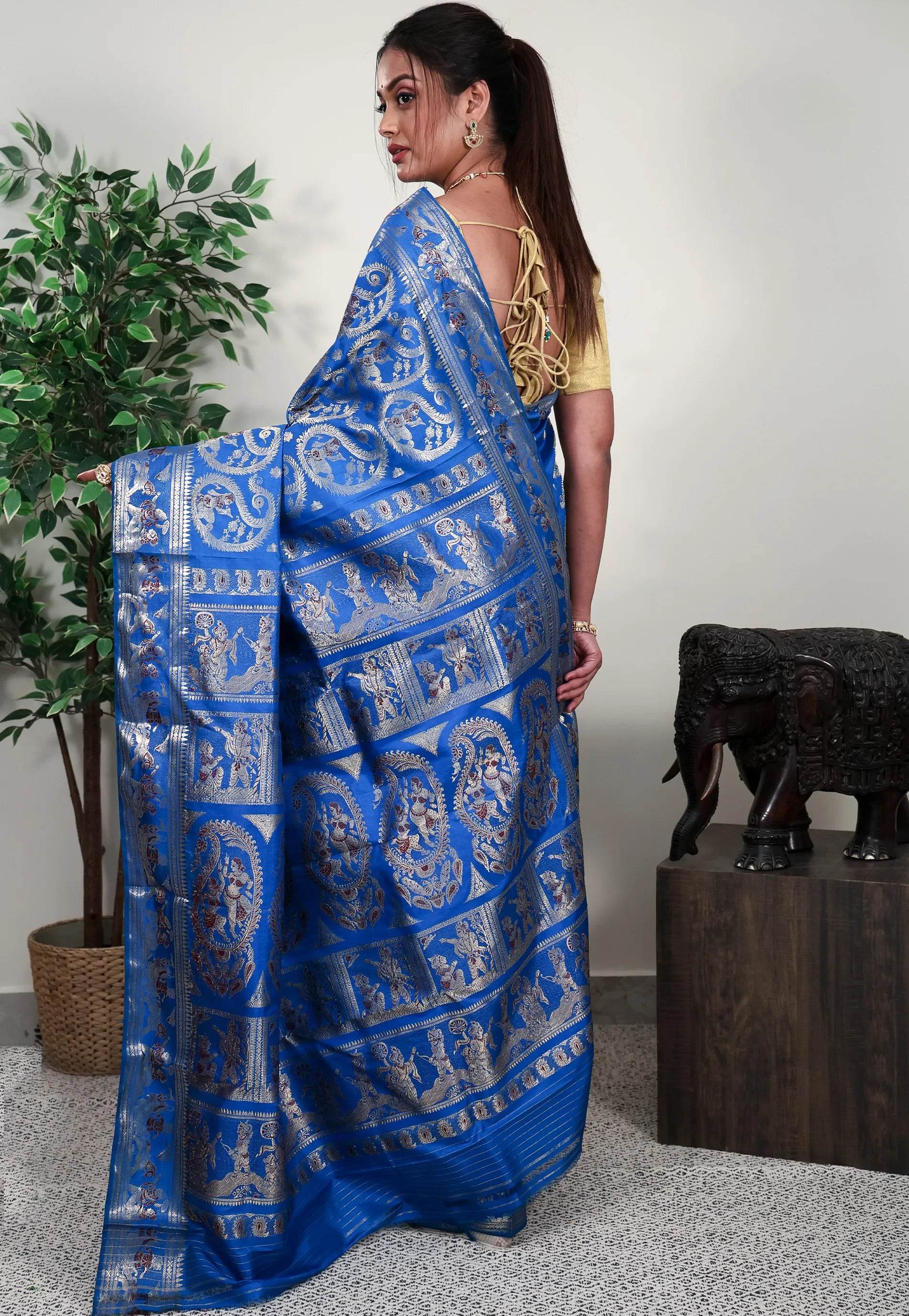Feroza Blue Brocade Baluchari Silk Saree with Blouse Piece - Adi Akshoy & Co.