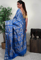 Feroza Blue Brocade Baluchari Silk Saree with Blouse Piece - Adi Akshoy & Co.