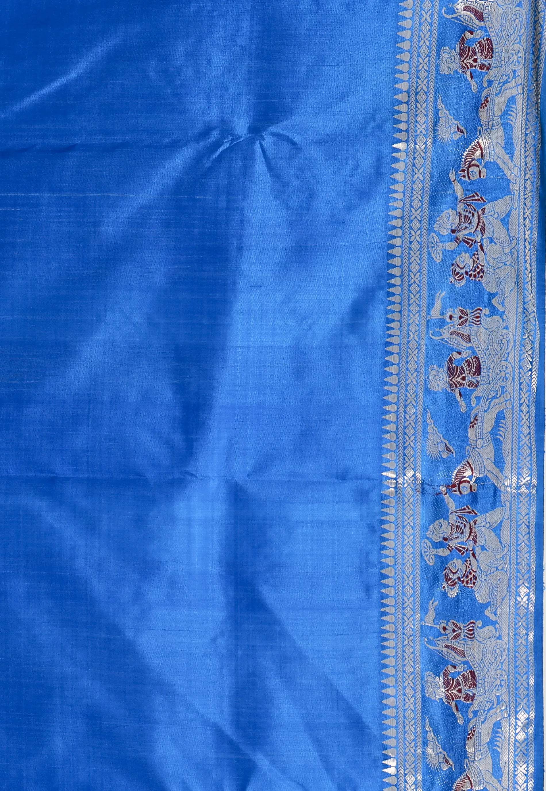 Feroza Blue Brocade Baluchari Silk Saree with Blouse Piece - Adi Akshoy & Co.
