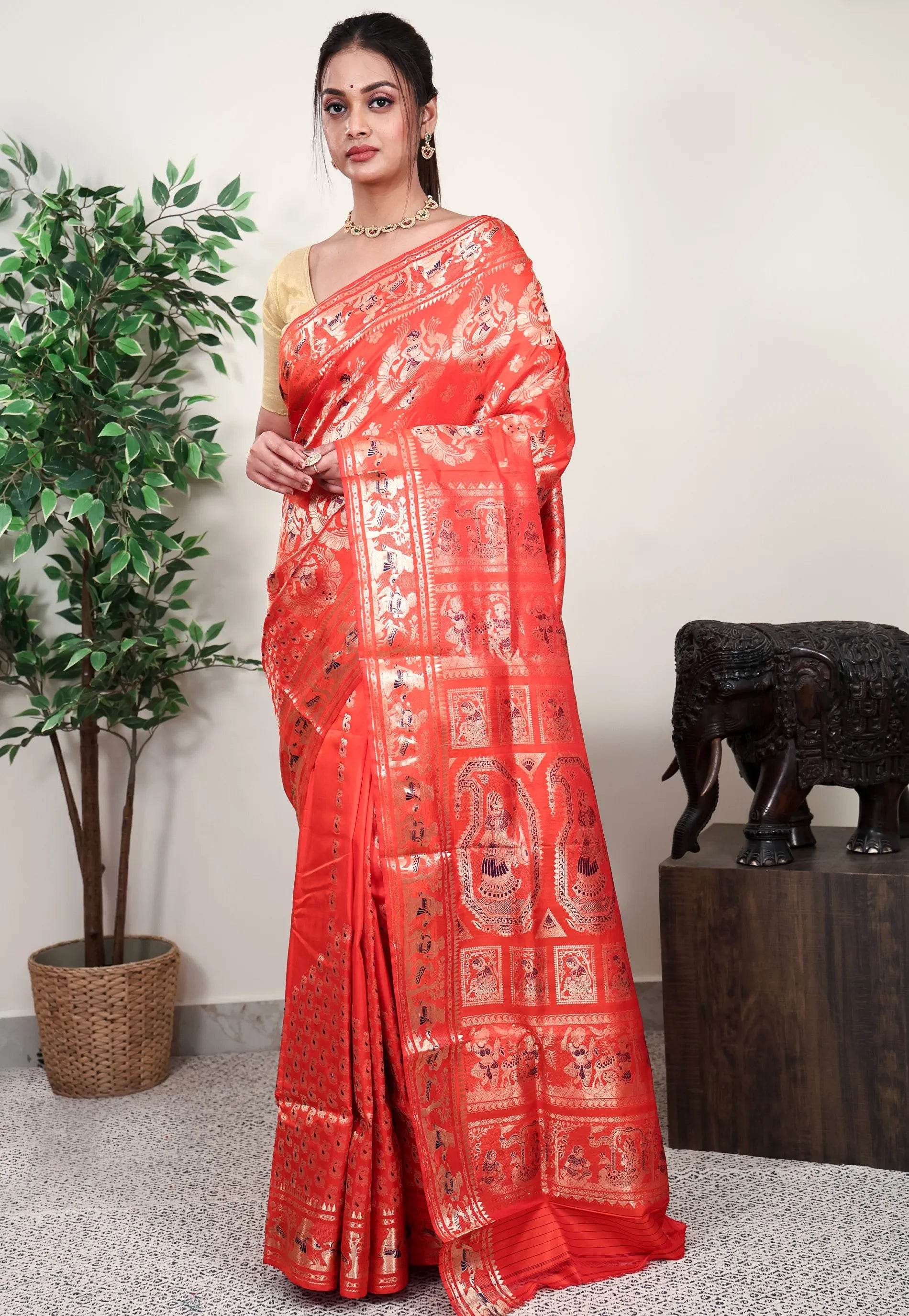 Orange Brocade Baluchari Silk Saree with Blouse Piece - Adi Akshoy & Co.