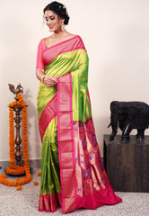 Parrot Green with Rani Pink Border Paithani Silk Saree With Blouse Piece - Adi Akshoy & Co.