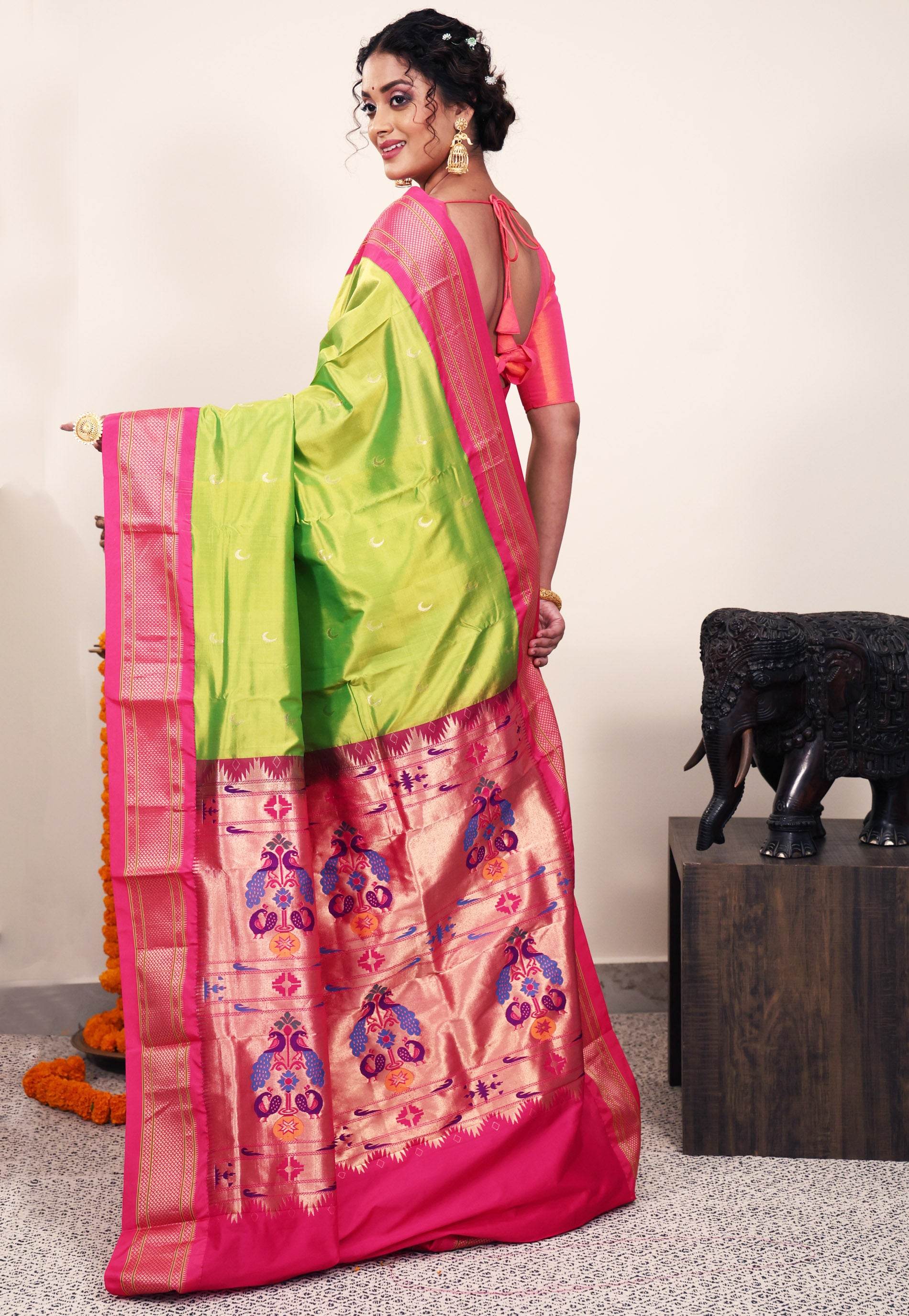 Parrot Green with Rani Pink Border Paithani Silk Saree With Blouse Piece - Adi Akshoy & Co.