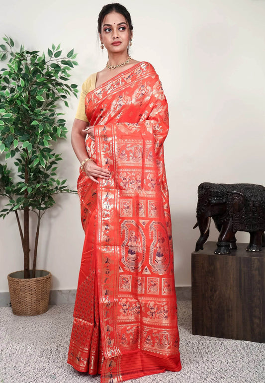 Orange Brocade Baluchari Silk Saree with Blouse Piece - Adi Akshoy & Co.