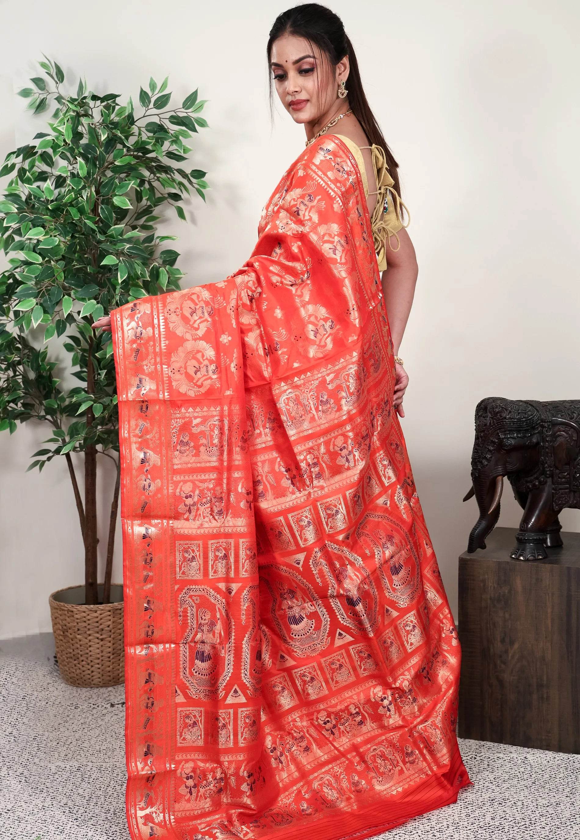 Orange Brocade Baluchari Silk Saree with Blouse Piece - Adi Akshoy & Co.