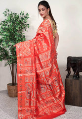 Orange Brocade Baluchari Silk Saree with Blouse Piece - Adi Akshoy & Co.